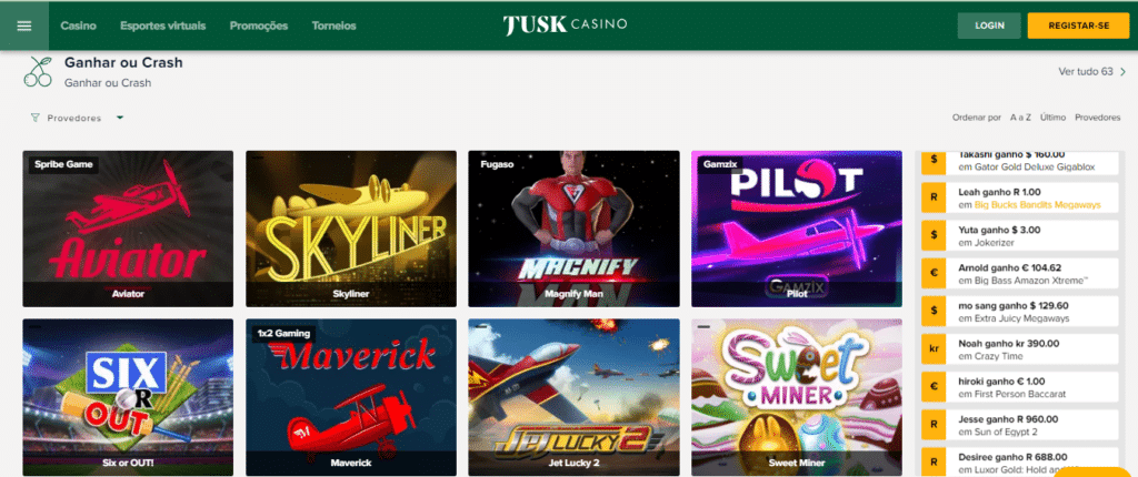 Seção de jogos crash - Tusk Casino