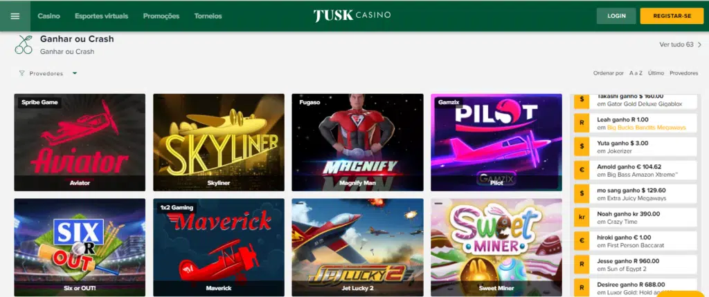 Seção de jogos crash - Tusk Casino