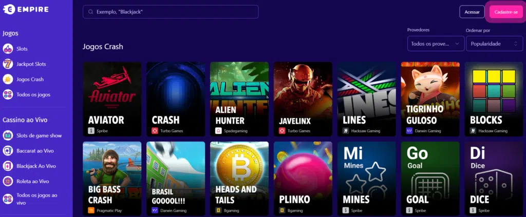 Seção de Jogos Crash - Empire.io Casino